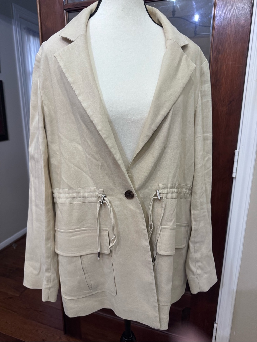 Calvin Klein Linen Blend Utility Blazer Jacket Beige Drawstring 14